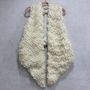 Miha Vest Womens Medium White Wool Loop Knit Collarless Open Front Textured